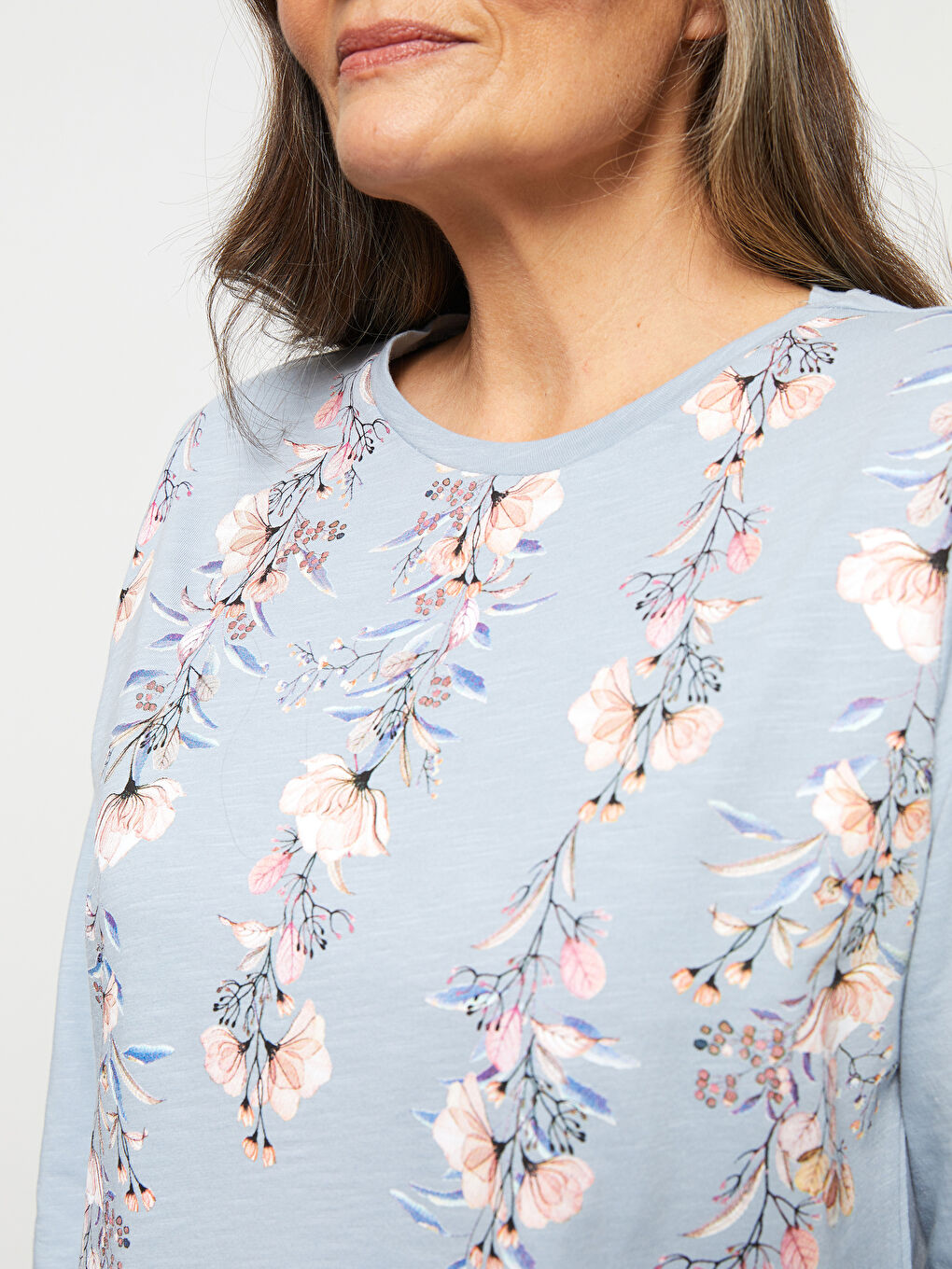 Mavi Bisiklet Yaka Çiçekli Uzun Kollu Pamuklu Kadın Tişört-3