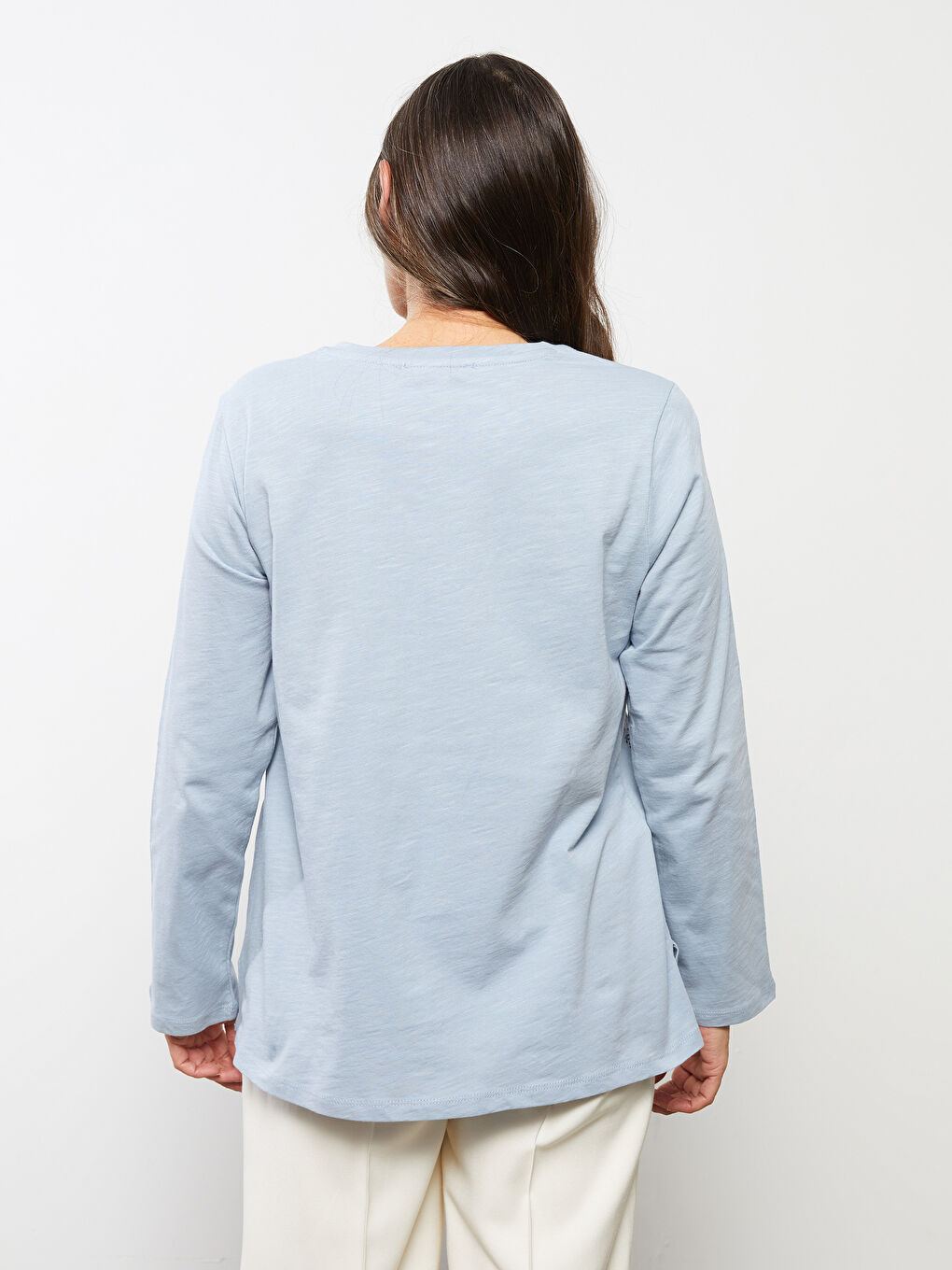 Mavi Bisiklet Yaka Çiçekli Uzun Kollu Pamuklu Kadın Tişört-4