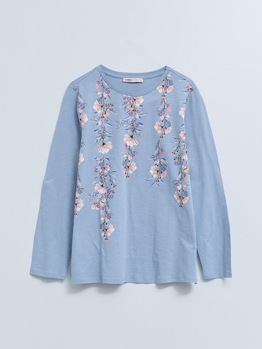 Mavi Bisiklet Yaka Çiçekli Uzun Kollu Pamuklu Kadın Tişört-5