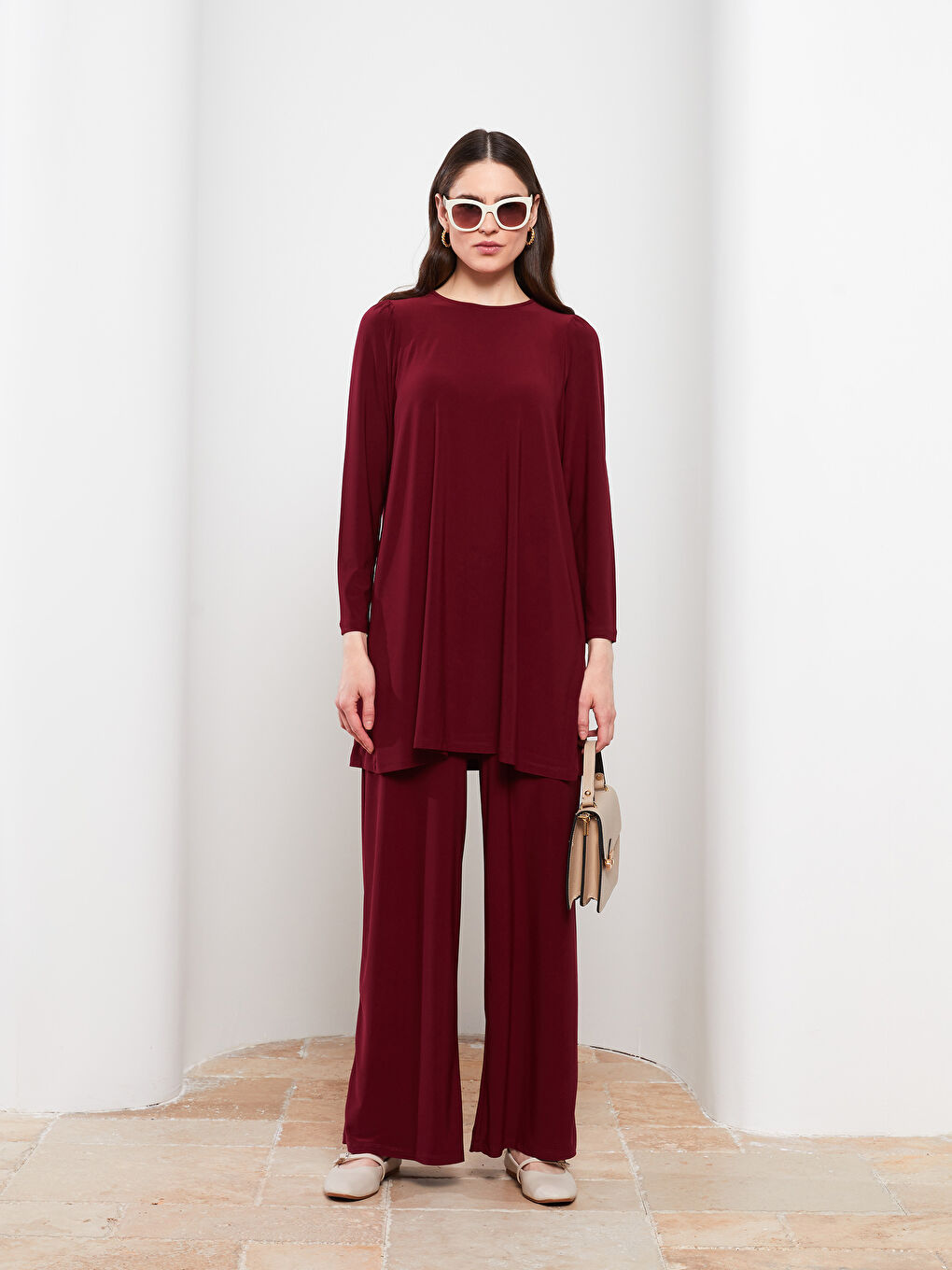 Bordo Beli Lastikli Düz Geniş Paça Kadın Eşofman Altı