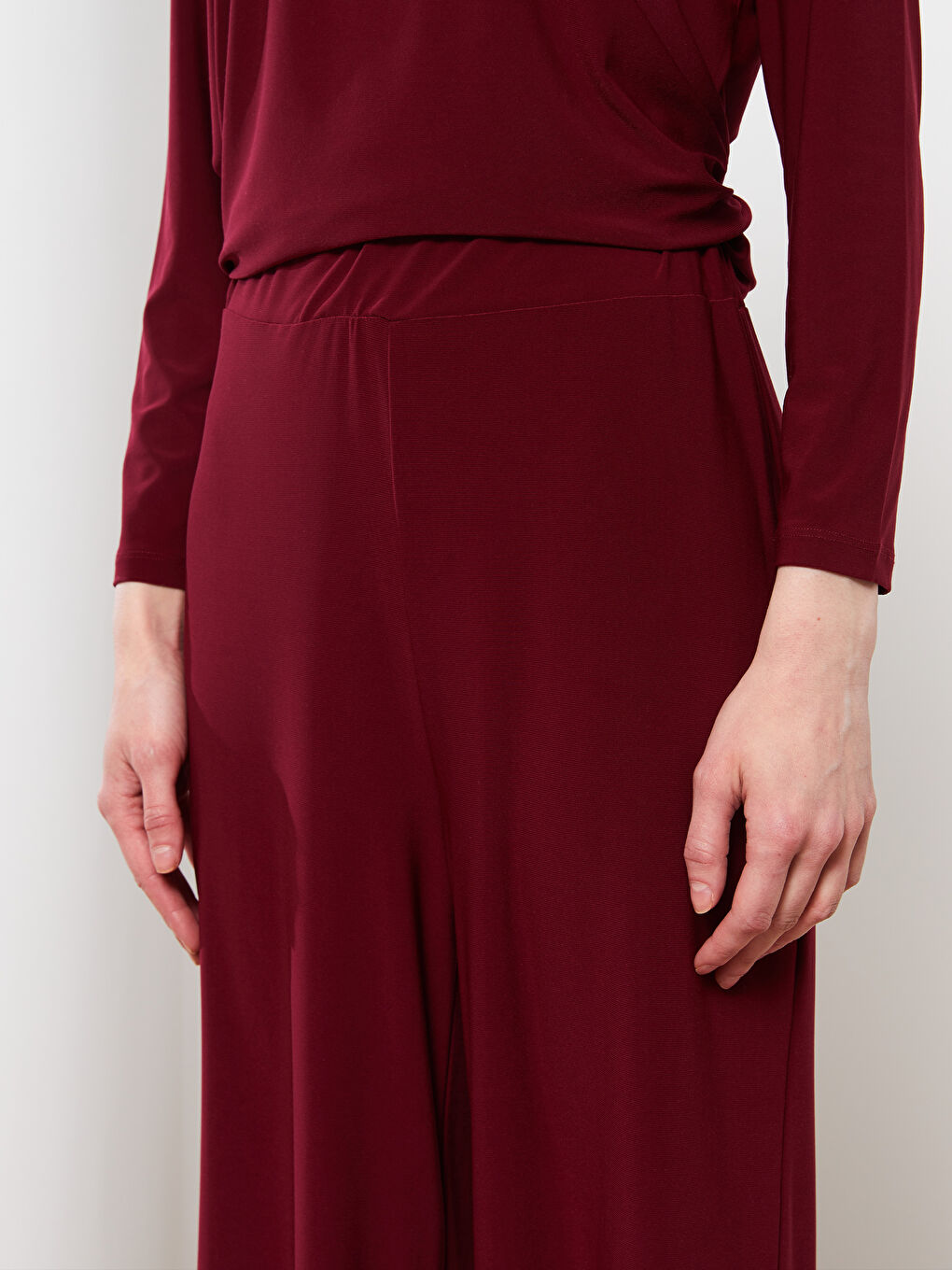 Bordo Beli Lastikli Düz Geniş Paça Kadın Eşofman Altı-2