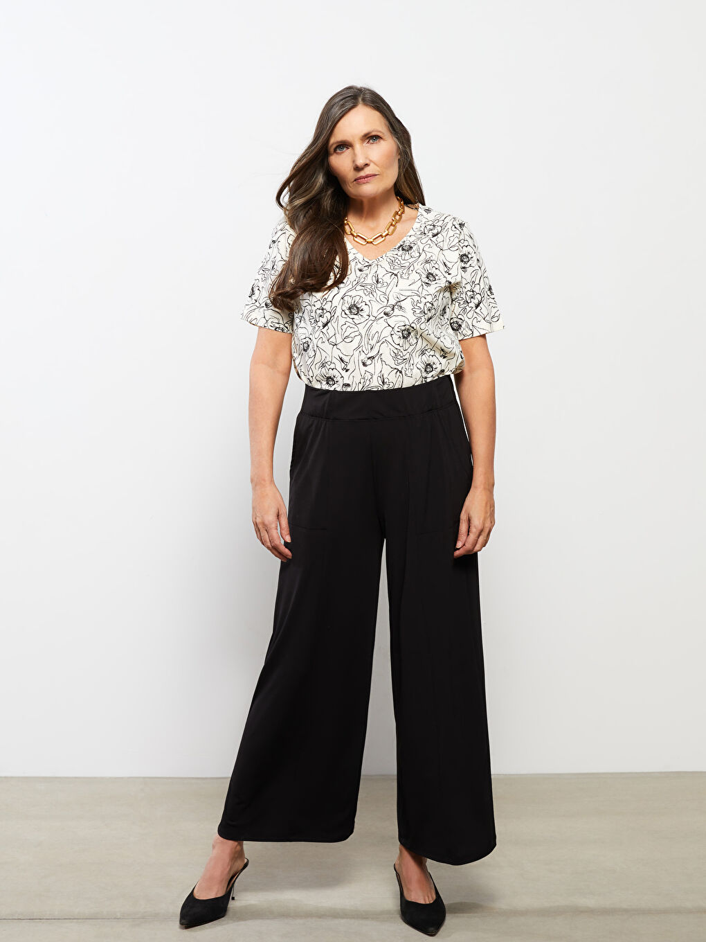 Siyah Kadın Beli Lastikli Düz Pantolon Etek-1