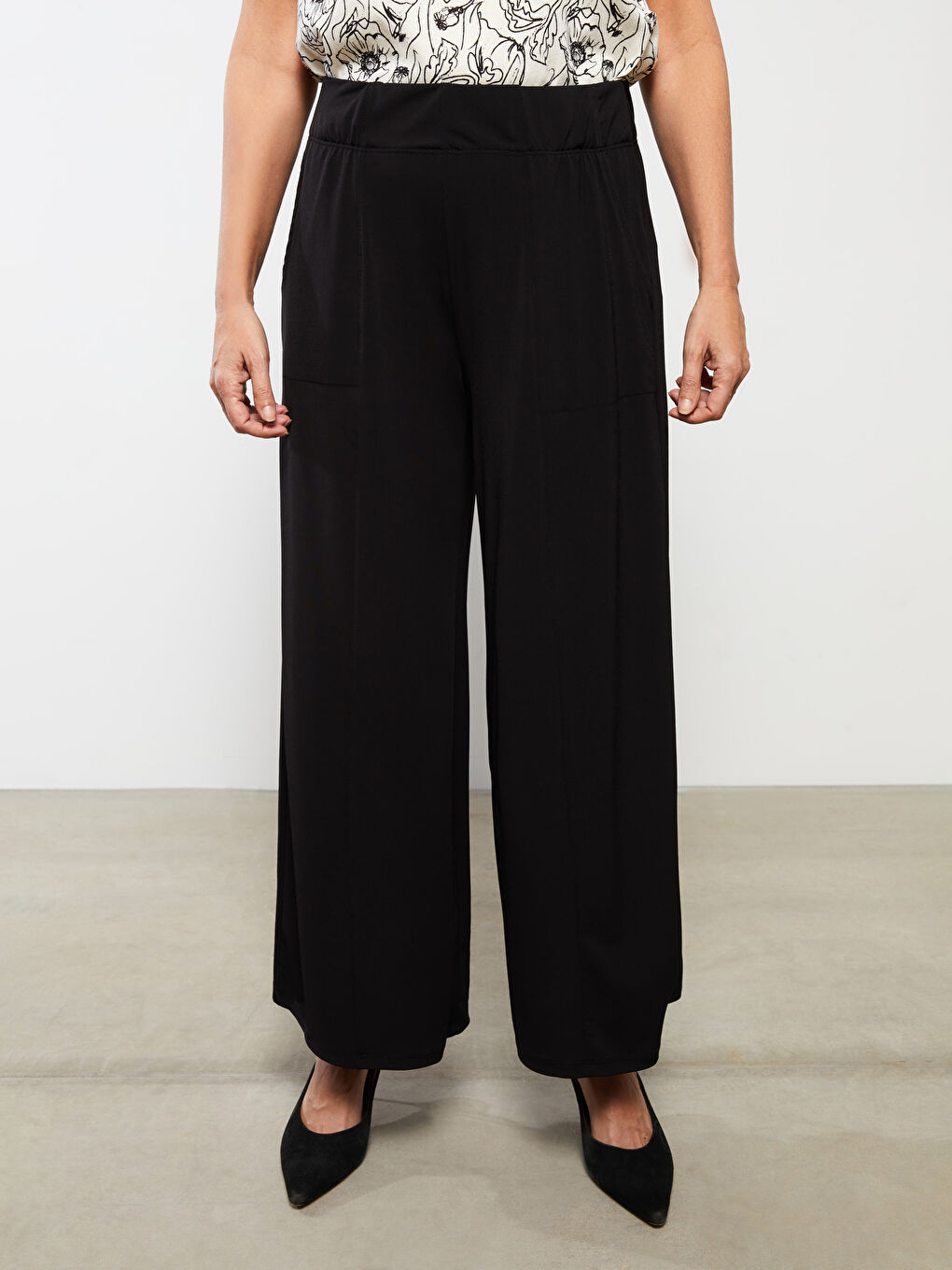 Siyah Kadın Beli Lastikli Düz Pantolon Etek-4