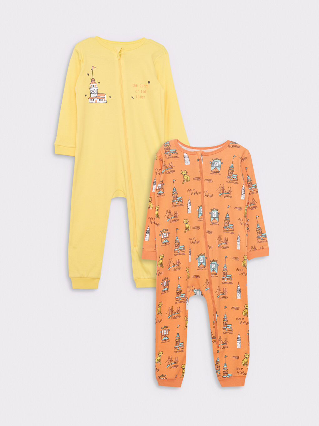 Sarı Bisiklet Yaka Uzun Kollu İstanbul Baskılı Kız Bebek Tulum 2'li