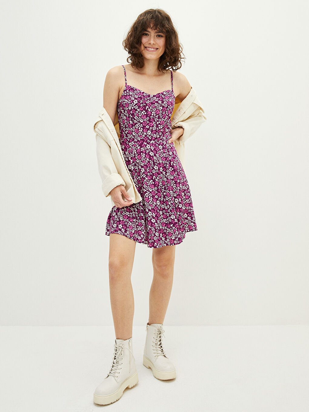 Mor V Yaka Çiçekli Askılı Poplin Kadın Elbise-2