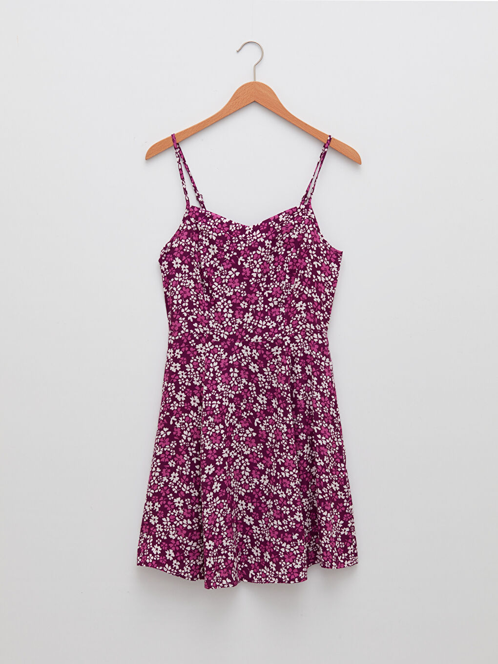 Mor V Yaka Çiçekli Askılı Poplin Kadın Elbise-5