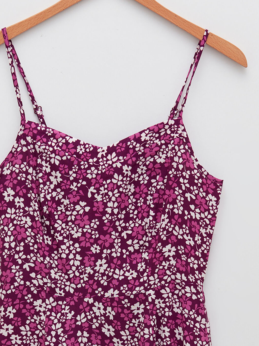 Mor V Yaka Çiçekli Askılı Poplin Kadın Elbise-7