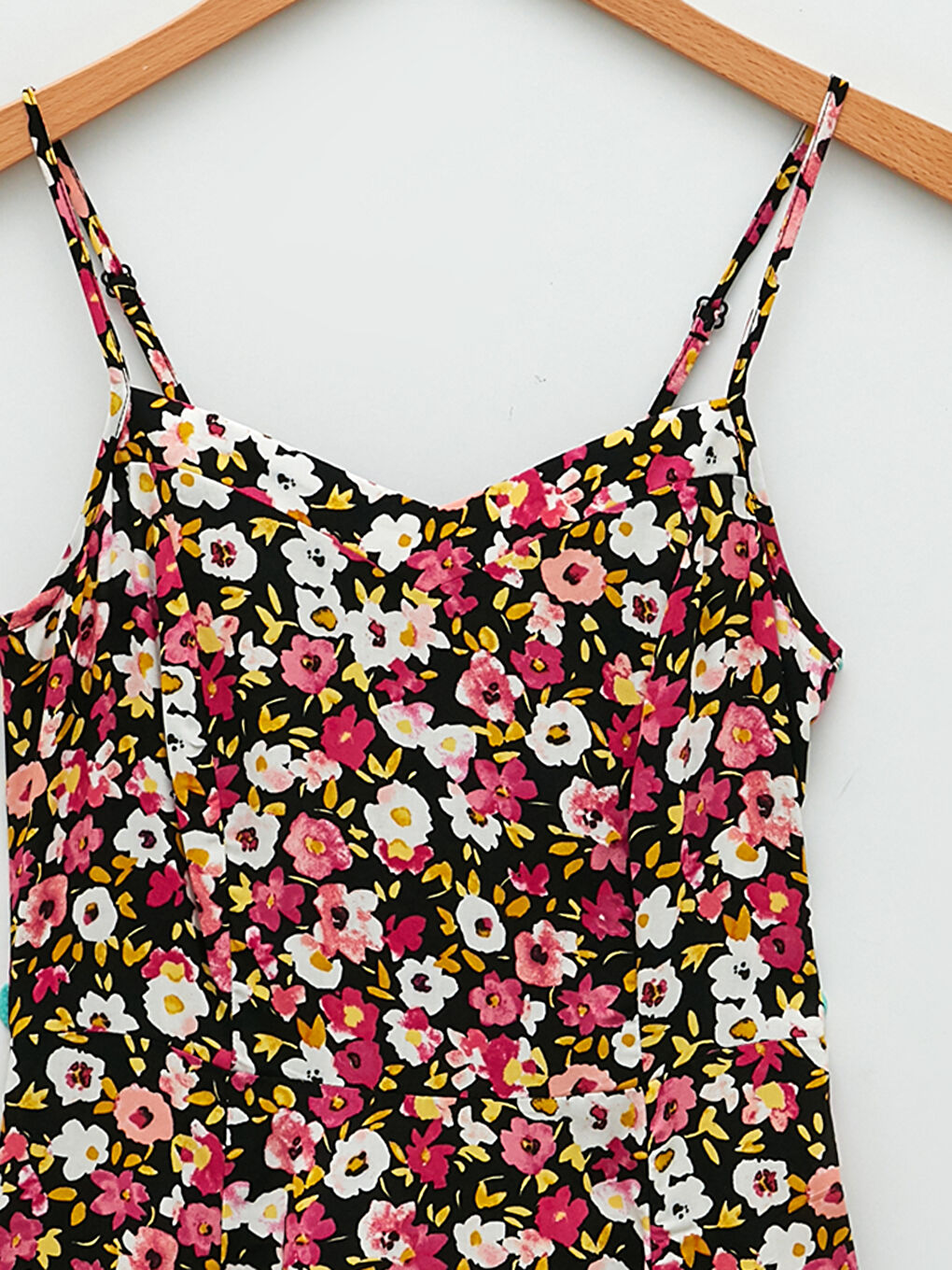 Sarı V Yaka Çiçekli Askılı Poplin Kadın Elbise-7