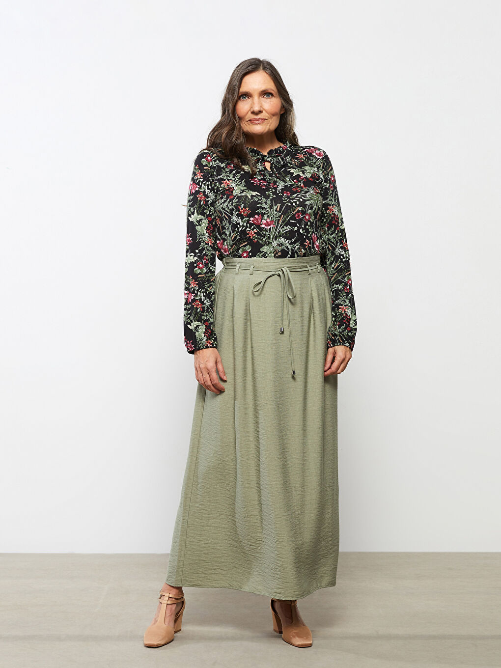 Yeşil Beli Lastikli Düz A Kesim Kadın Etek