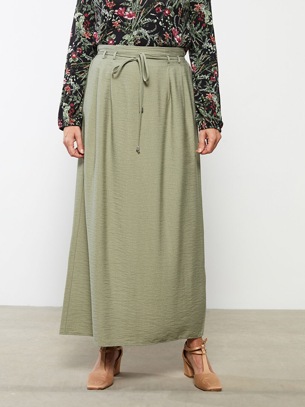 Yeşil Beli Lastikli Düz A Kesim Kadın Etek-2