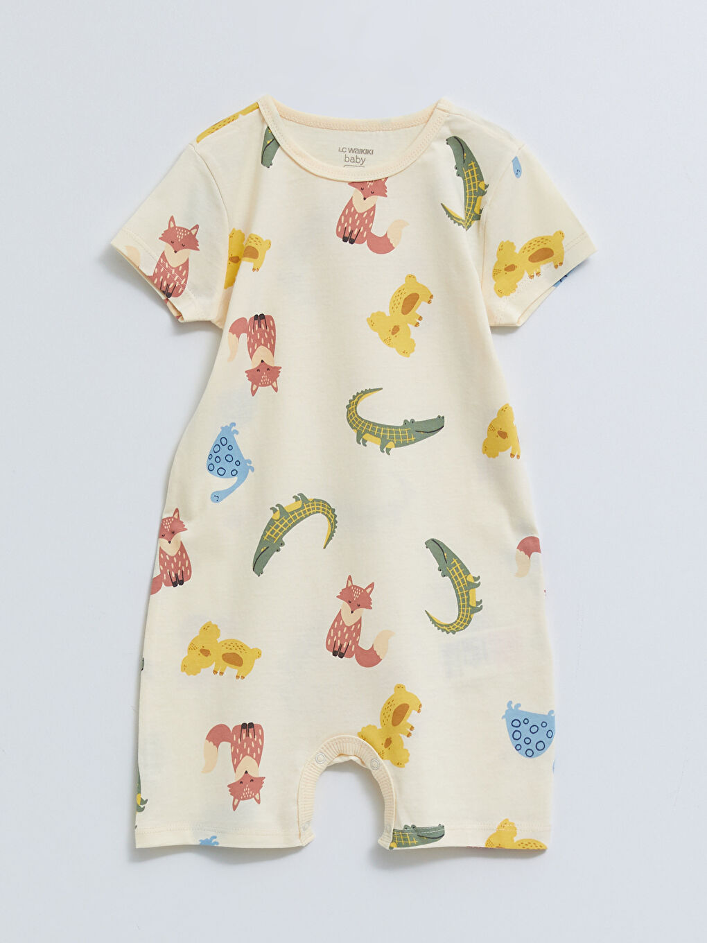 Ekru Bisiklet Yaka Kısa Kollu Baskılı Pamuklu Erkek Bebek Tulum 3'lü-1