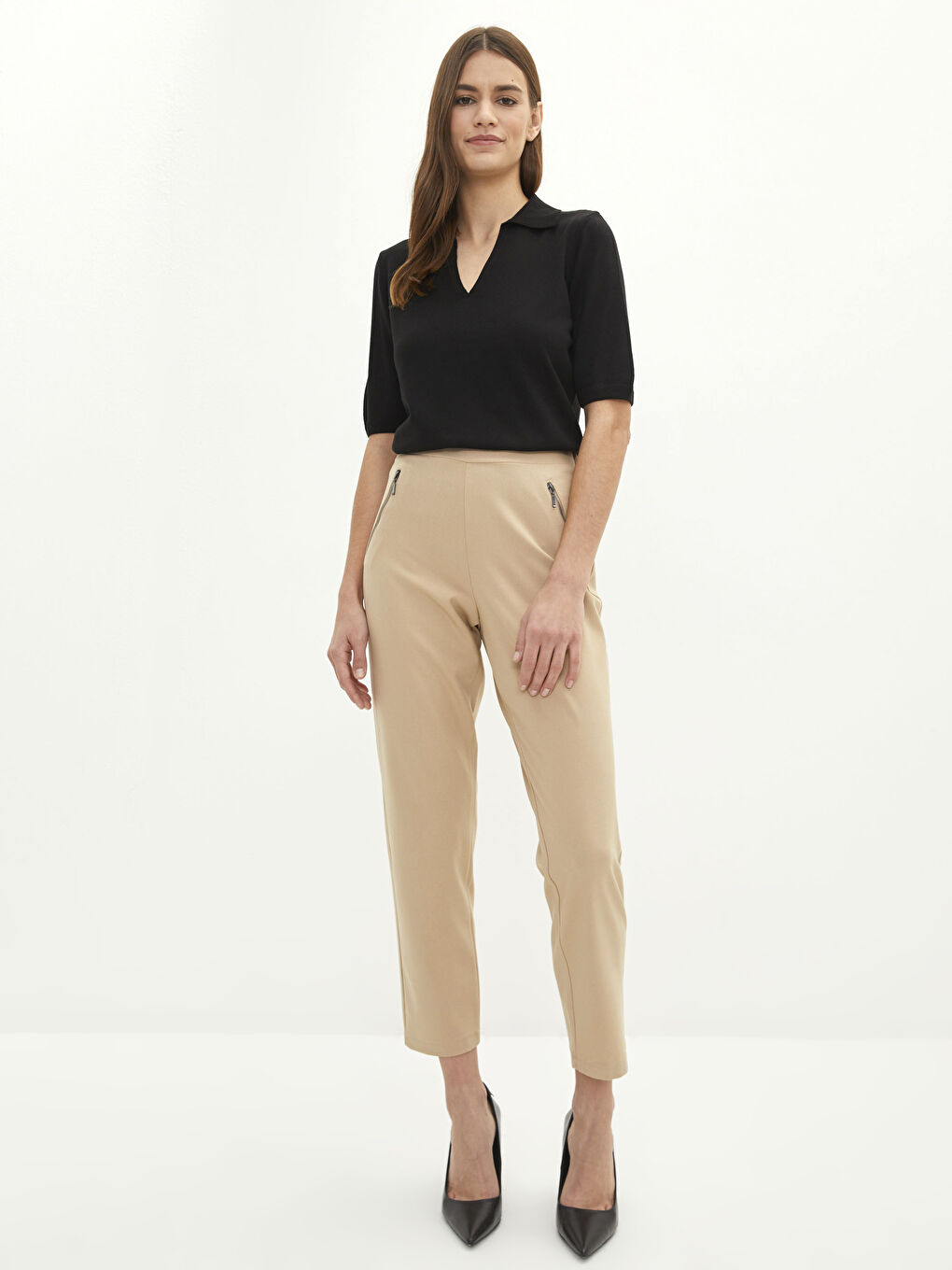 Siyah Polo Yaka Düz Kısa Kollu Kadın Triko Kazak-2