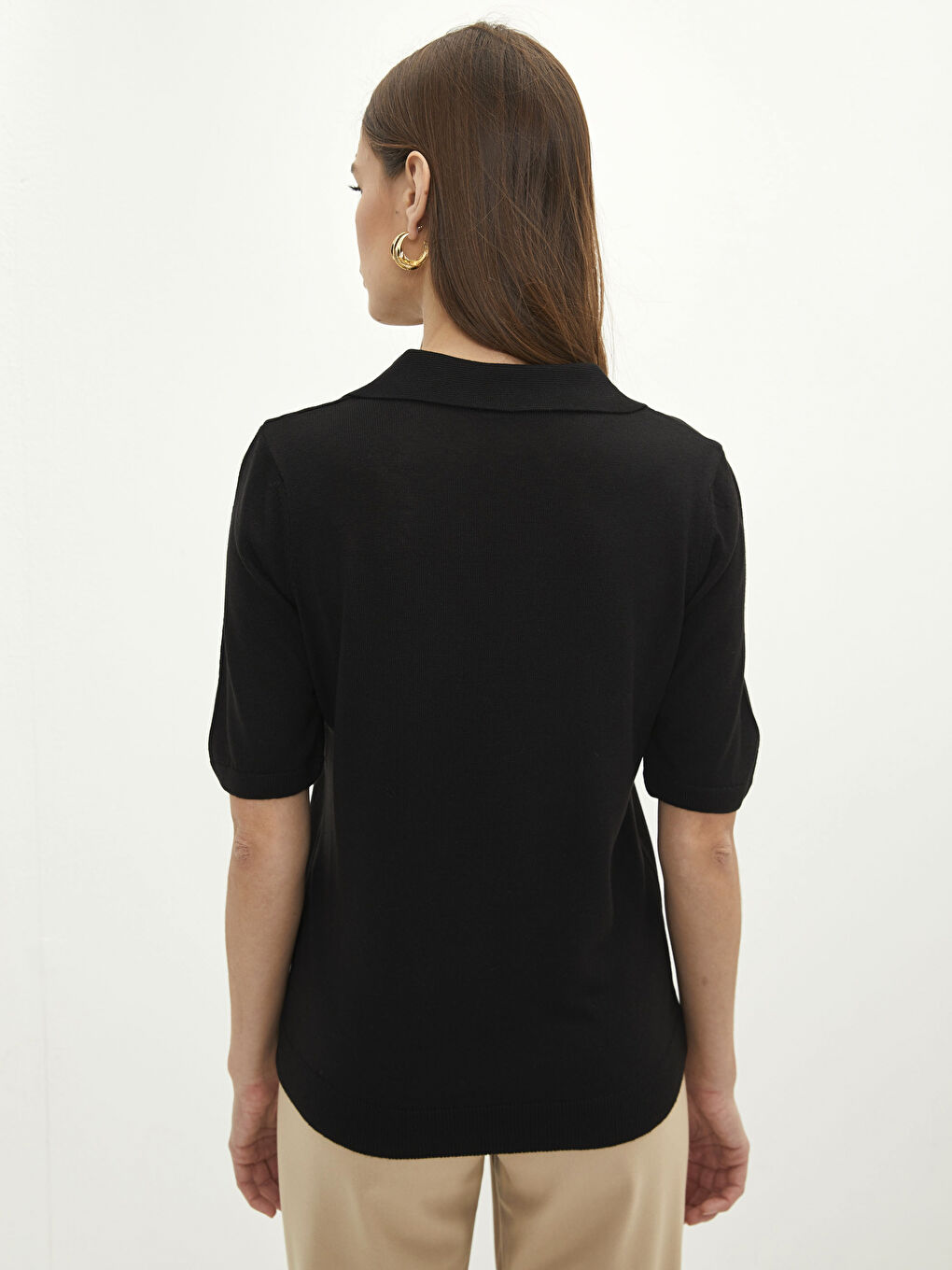 Siyah Polo Yaka Düz Kısa Kollu Kadın Triko Kazak-4