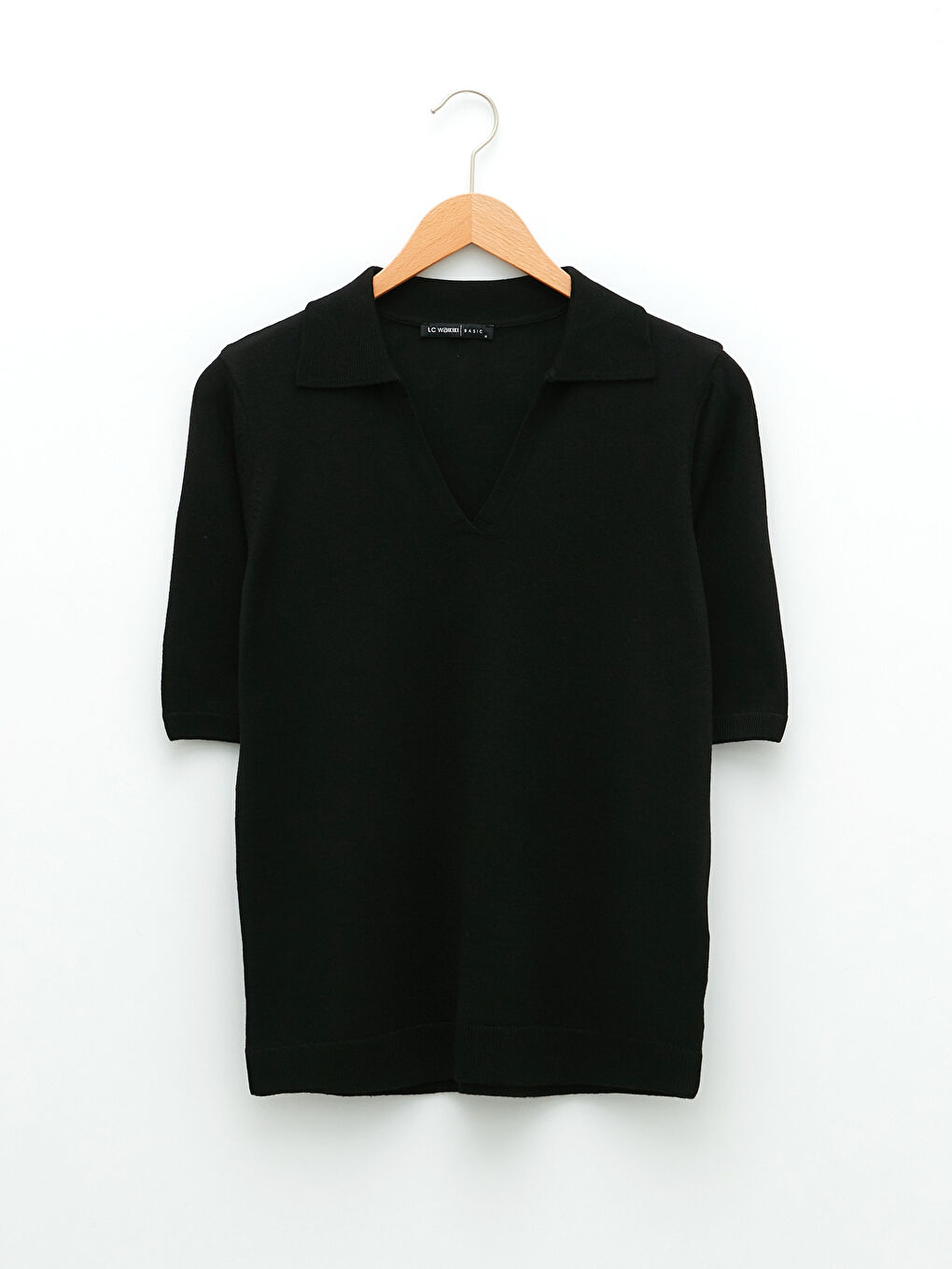 Siyah Polo Yaka Düz Kısa Kollu Kadın Triko Kazak-5