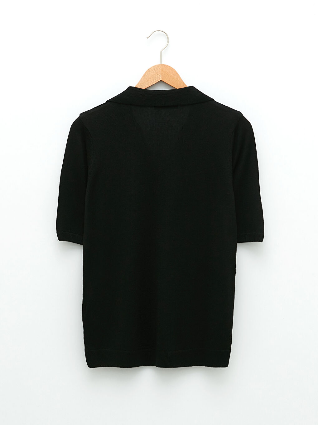 Siyah Polo Yaka Düz Kısa Kollu Kadın Triko Kazak-6