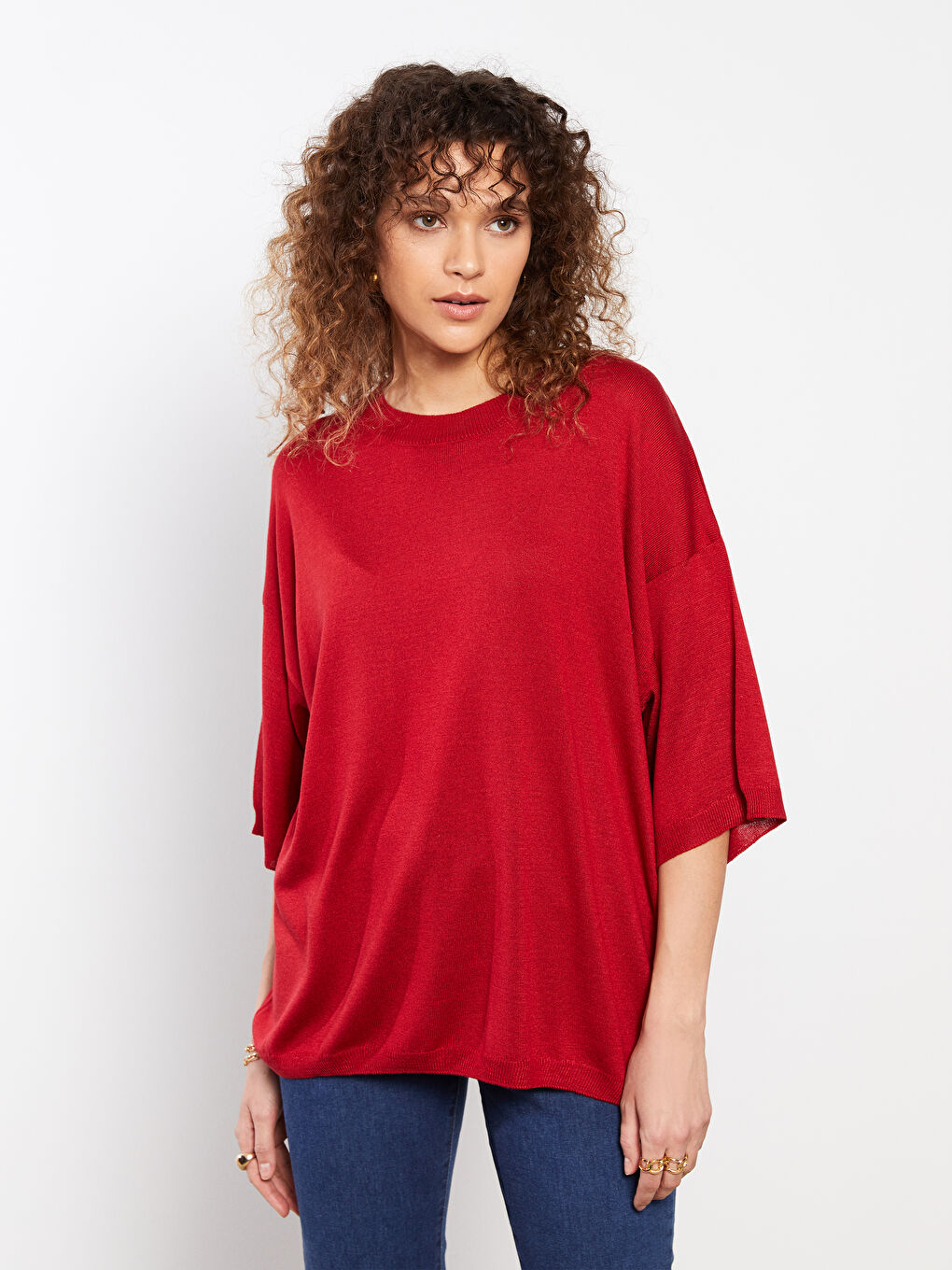 Kırmızı Bisiklet Yaka Kadın Triko Kazak-1