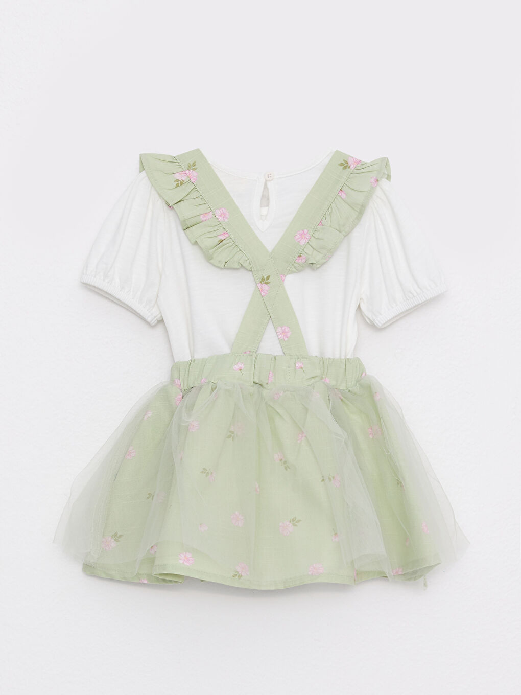 Yeşil Bisiklet Yaka Kısa Kollu Kız Bebek Tişört ve Salopet Etek 2'li Takım-1