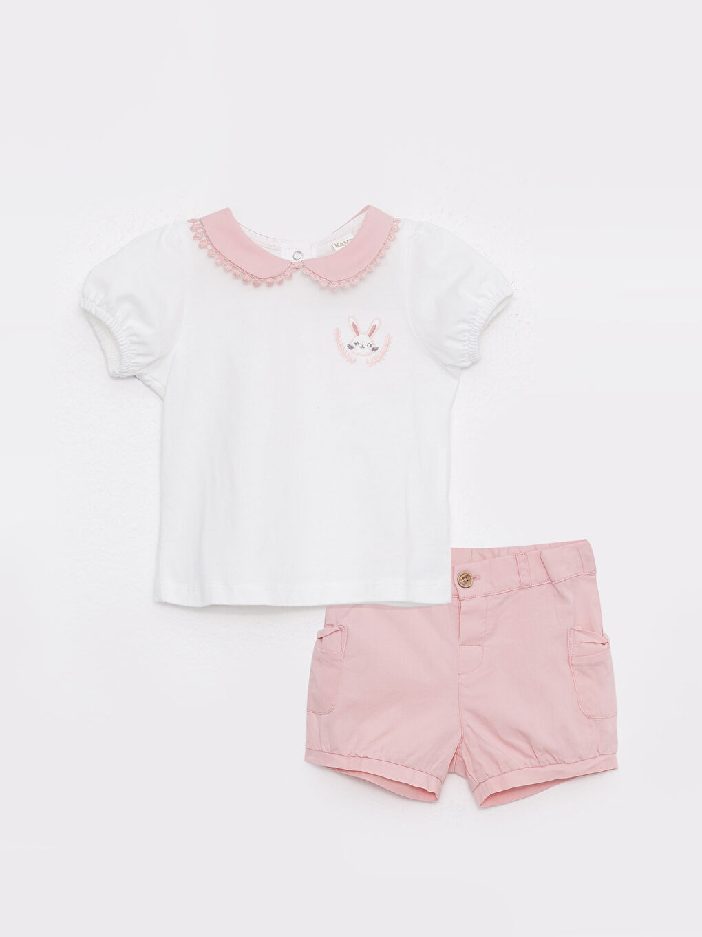 Ekru Bebe Yaka Kısa Kollu Baskılı Pamuklu Kız Bebek Tişört ve Şort 2'li Takım-4