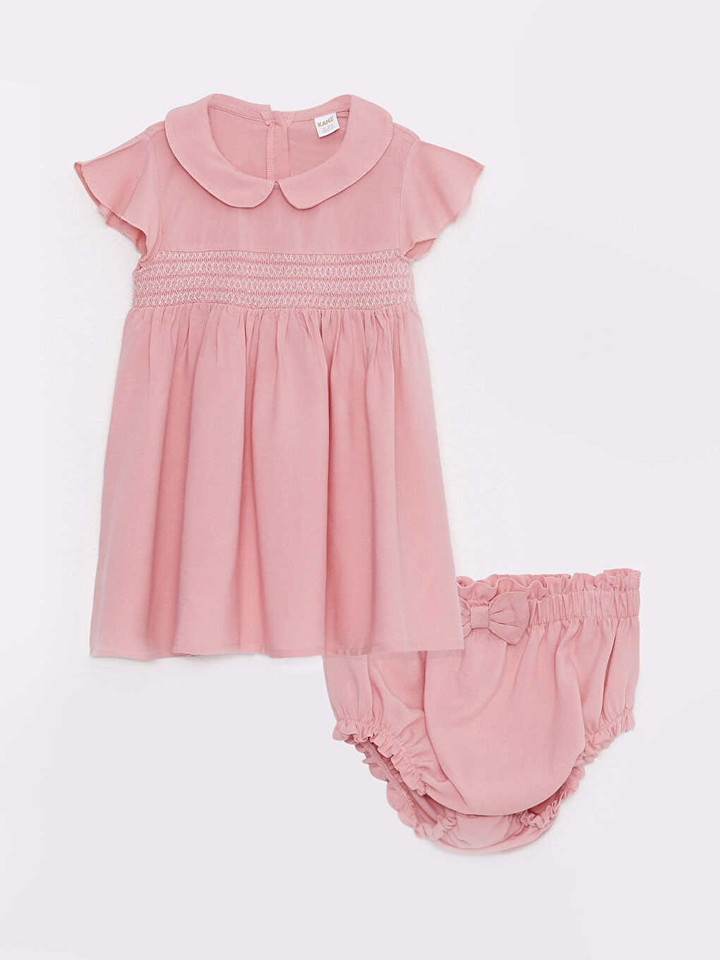 Pembe Bebe Yaka Kısa Kollu Kız Bebek Elbise ve Külot 2'li Takım-5