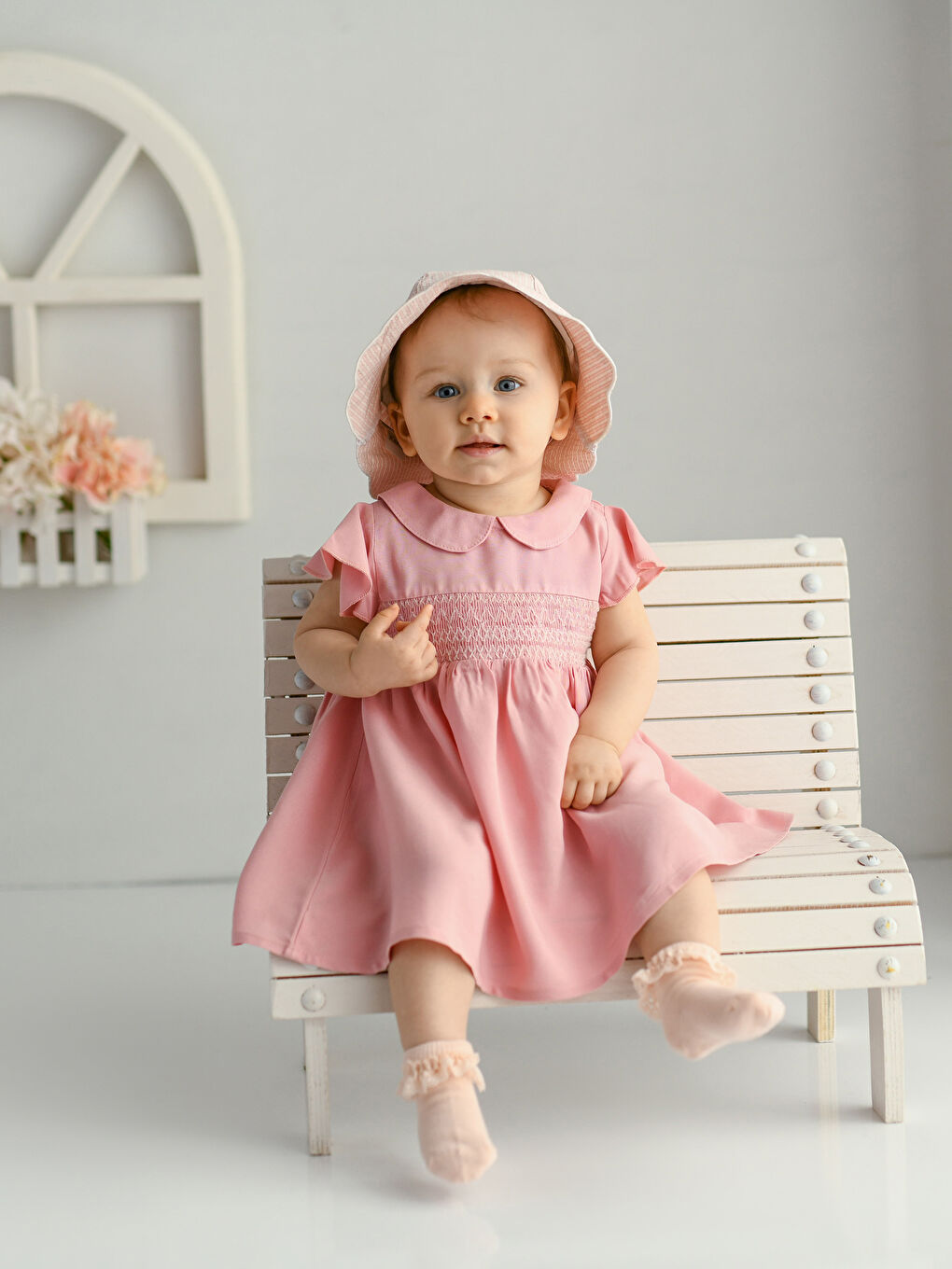 Pembe Bebe Yaka Kısa Kollu Kız Bebek Elbise ve Külot 2'li Takım-1