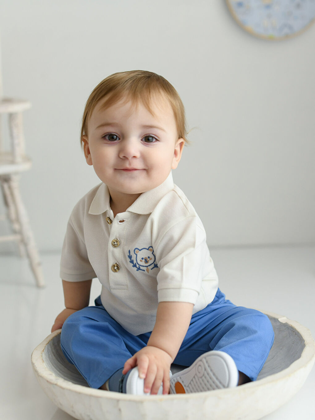 Ekru Polo Yaka Kısa Kollu Pamuklu Erkek Bebek Tişört ve Pantolon 2'li Takım