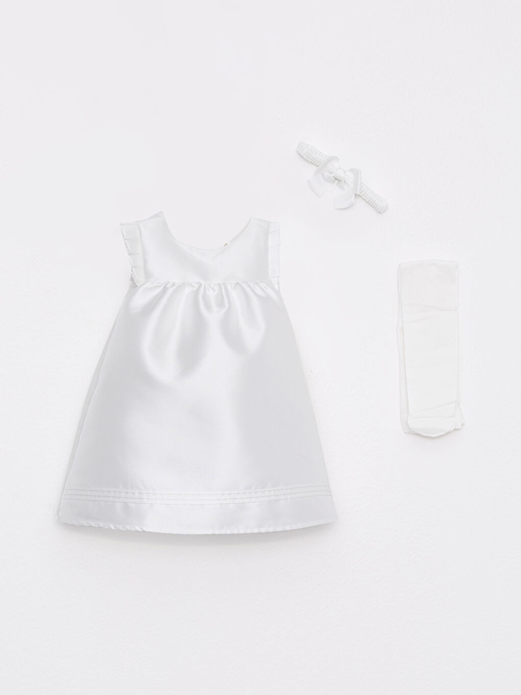 Ekru Bisiklet Yaka Basic Kız Bebek Elbise Saç Bandı ve Külotlu Çorap 3'lü Takım-2