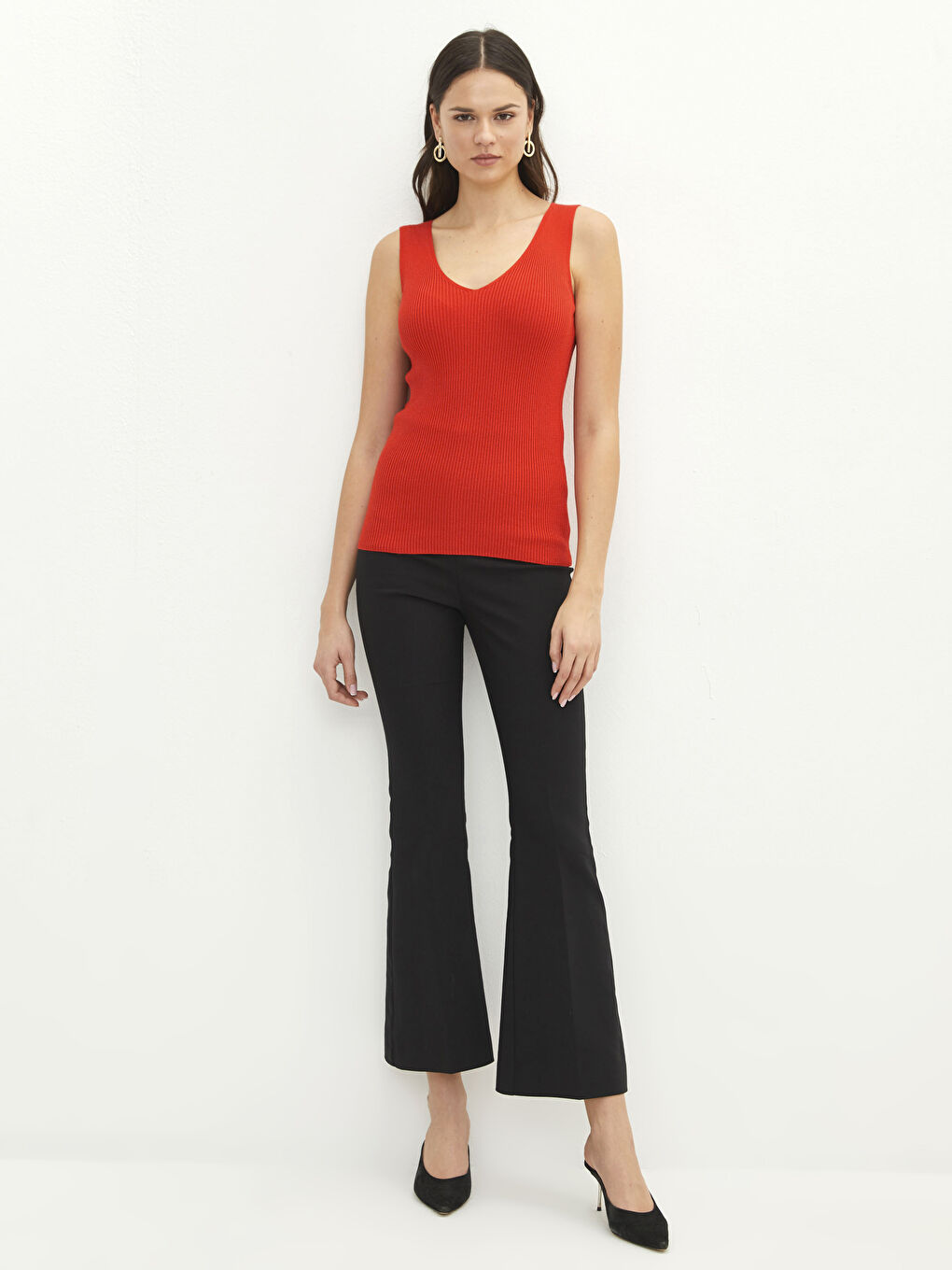 Kırmızı Kadın V Yaka Düz Kolsuz Triko Kazak-2