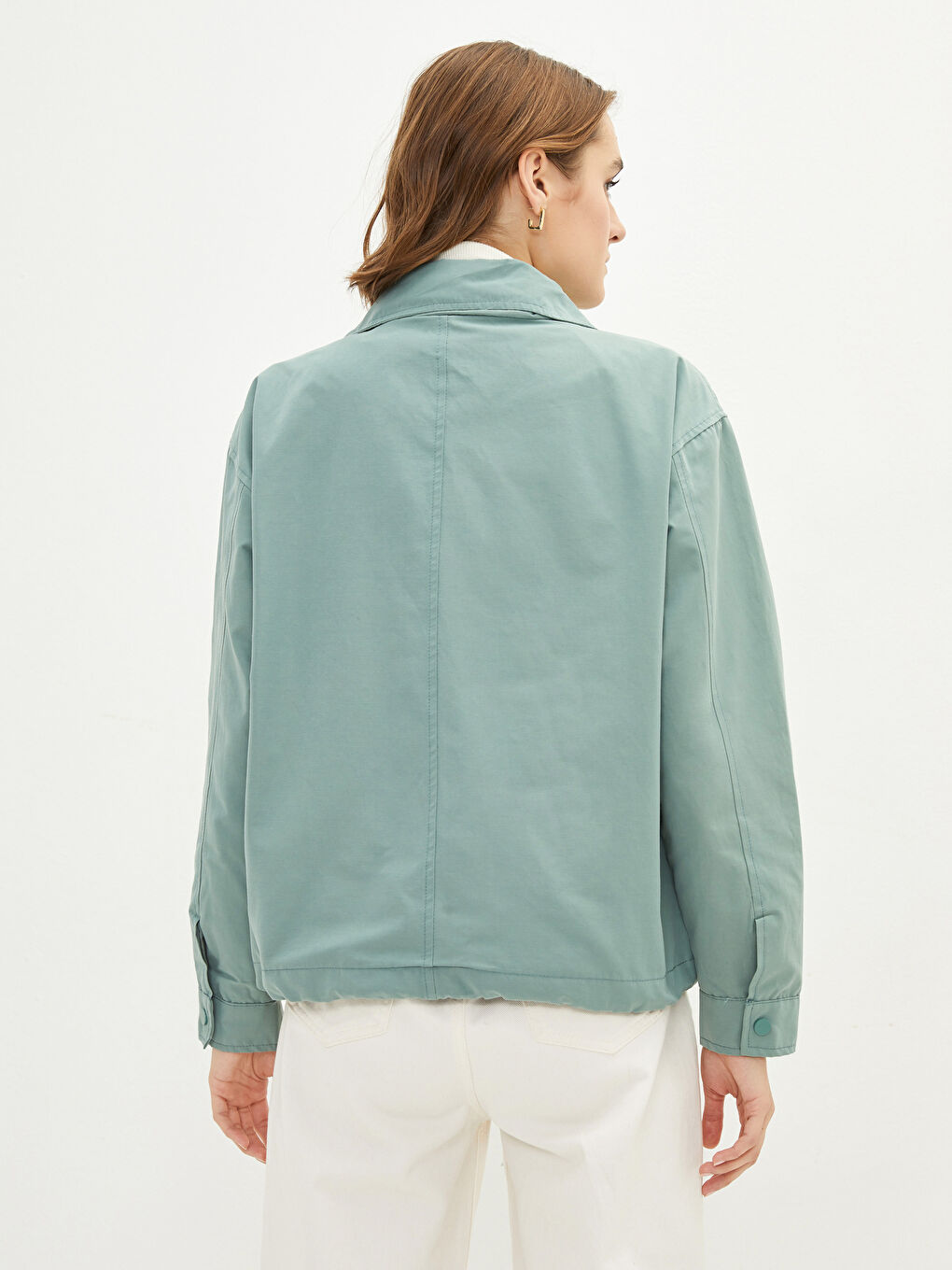 Haki Dik Yaka Düz Uzun Kollu Kadın Mont-5