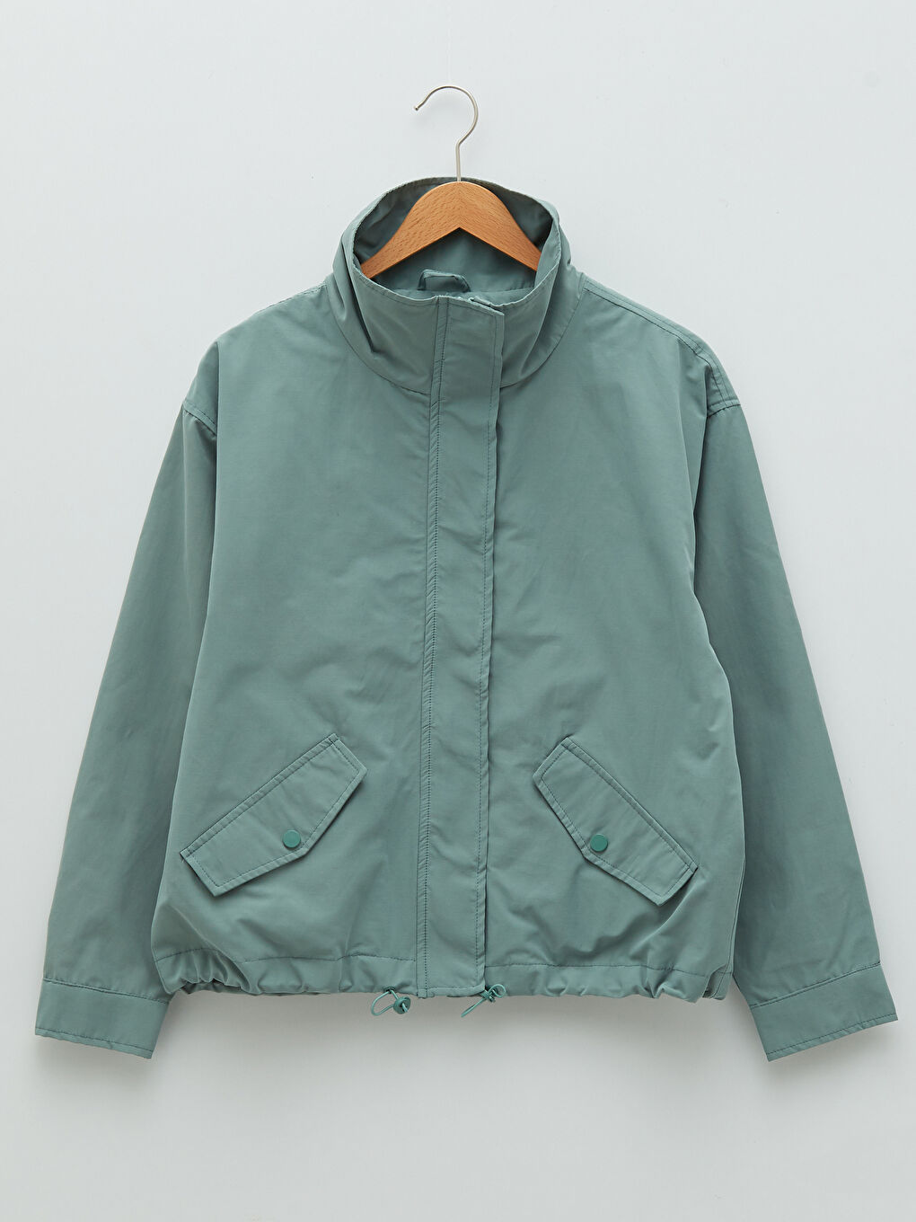 Haki Dik Yaka Düz Uzun Kollu Kadın Mont-6