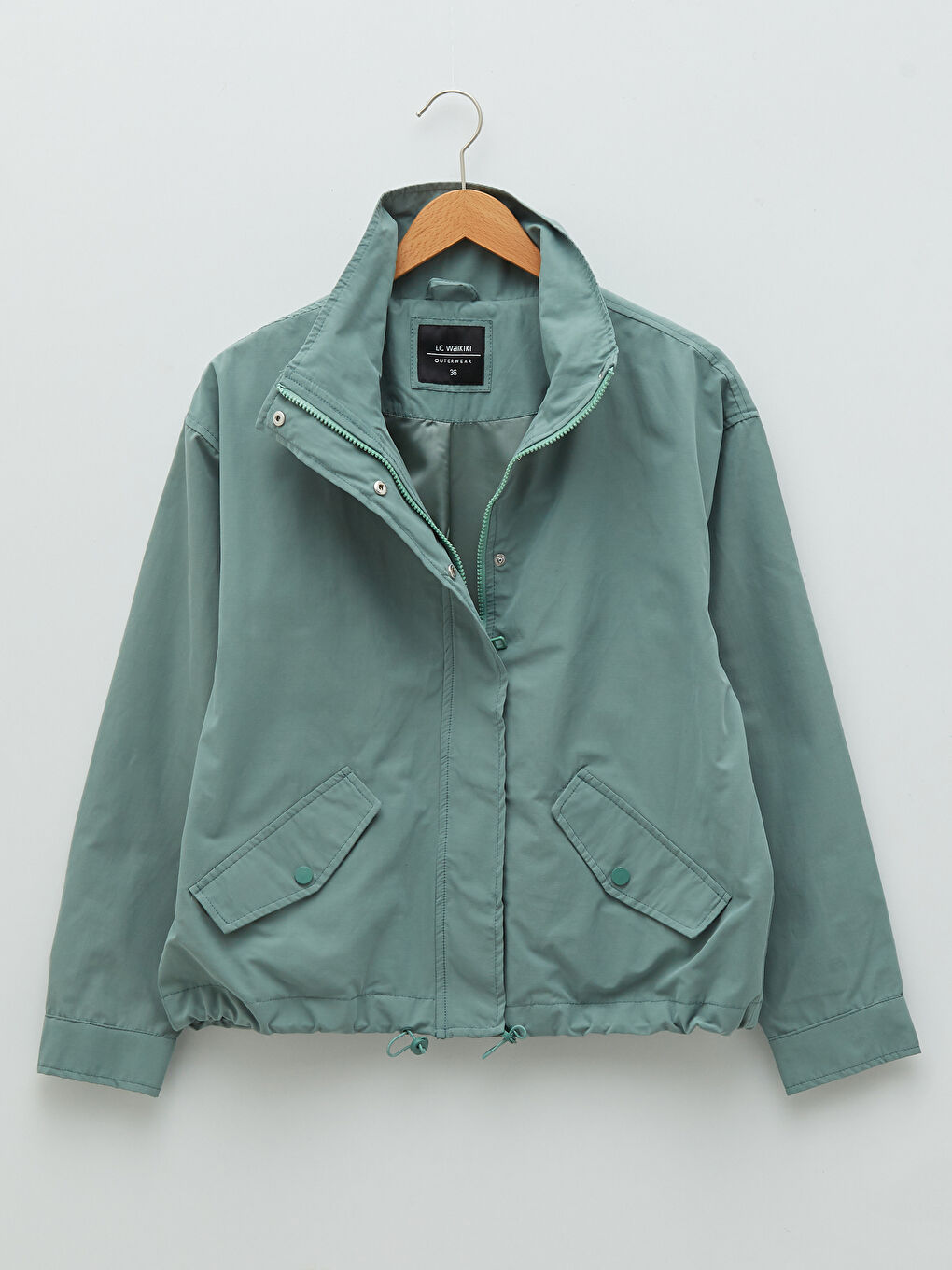 Haki Dik Yaka Düz Uzun Kollu Kadın Mont-8