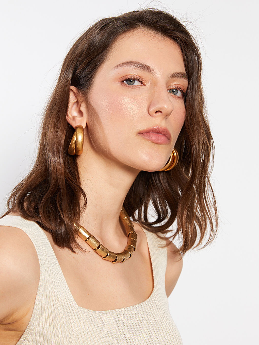 Ekru U Yaka Kendinden Desenli Kadın Triko Kazak-3