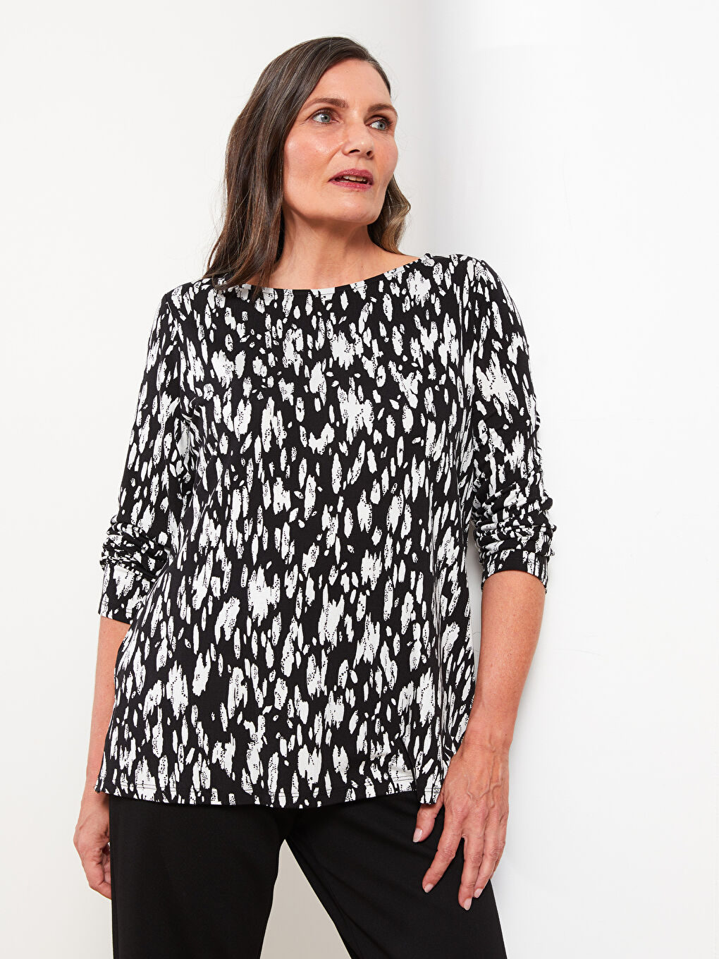 Rundhalsausschnitt Gemustertes Langarm T-Shirt für Damen