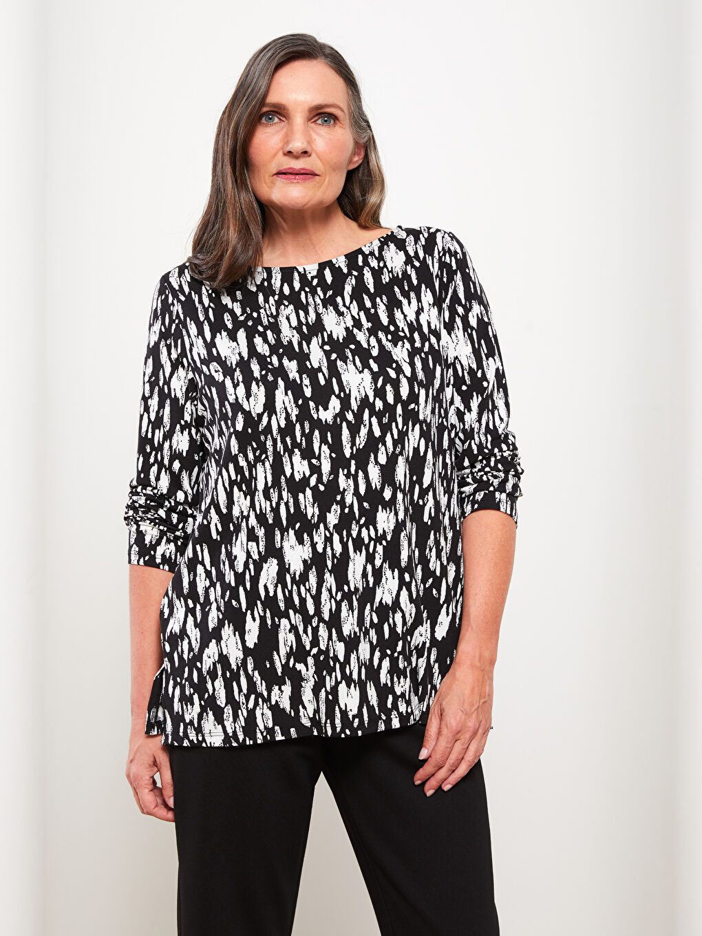 Rundhalsausschnitt Gemustertes Langarm T-Shirt für Damen-1