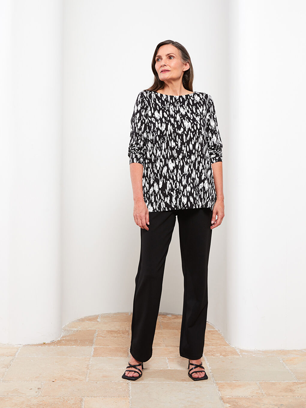 Rundhalsausschnitt Gemustertes Langarm T-Shirt für Damen-2