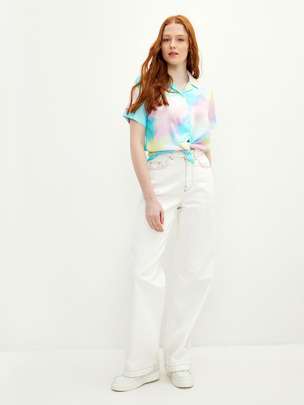 Karışık Önden Düğme Kapamalı Batik Kısa Kollu Poplin Kadın Gömlek Anne Kız Kombini-3