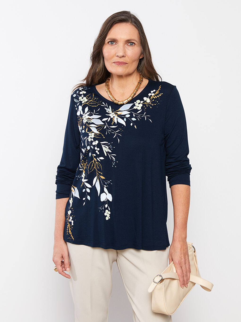 Lacivert Bisiklet Yaka Baskılı Uzun Kollu Kadın Tişört