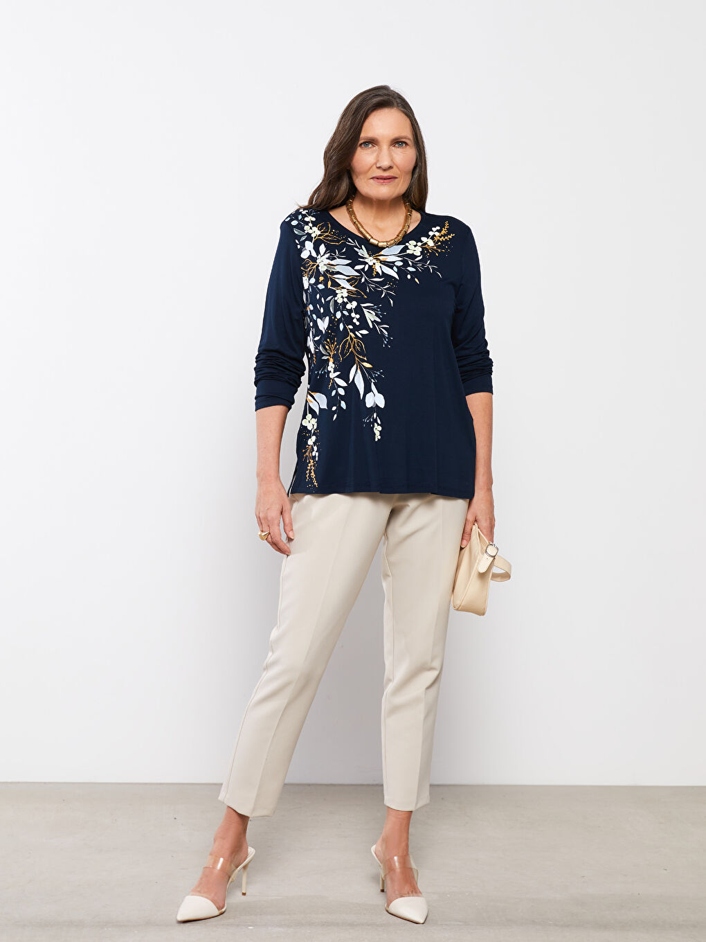 Lacivert Bisiklet Yaka Baskılı Uzun Kollu Kadın Tişört-1