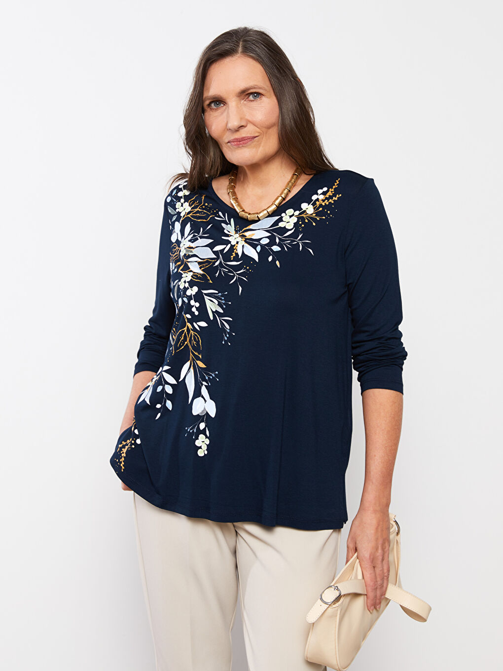 Lacivert Bisiklet Yaka Baskılı Uzun Kollu Kadın Tişört-2