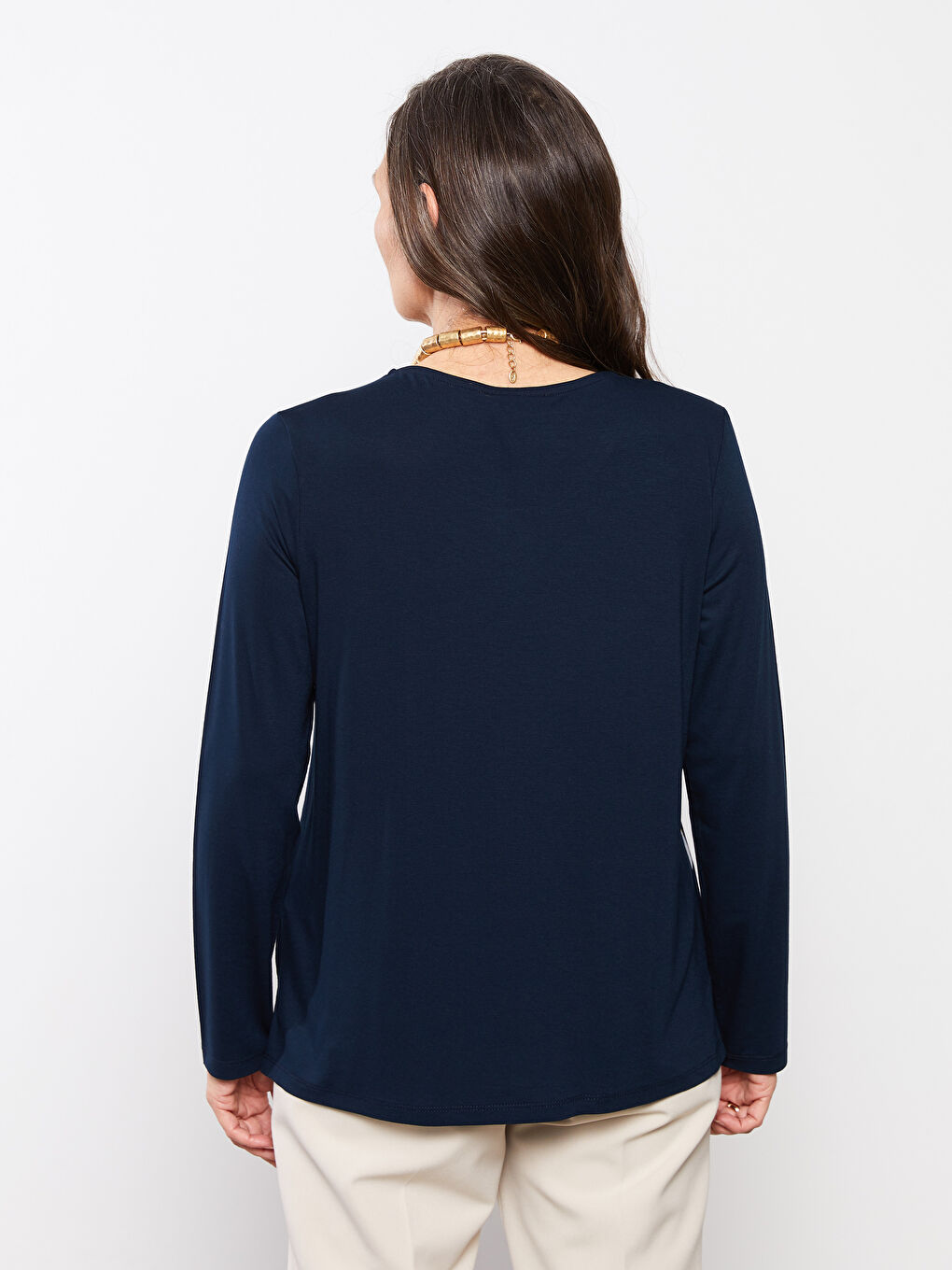 Lacivert Bisiklet Yaka Baskılı Uzun Kollu Kadın Tişört-3