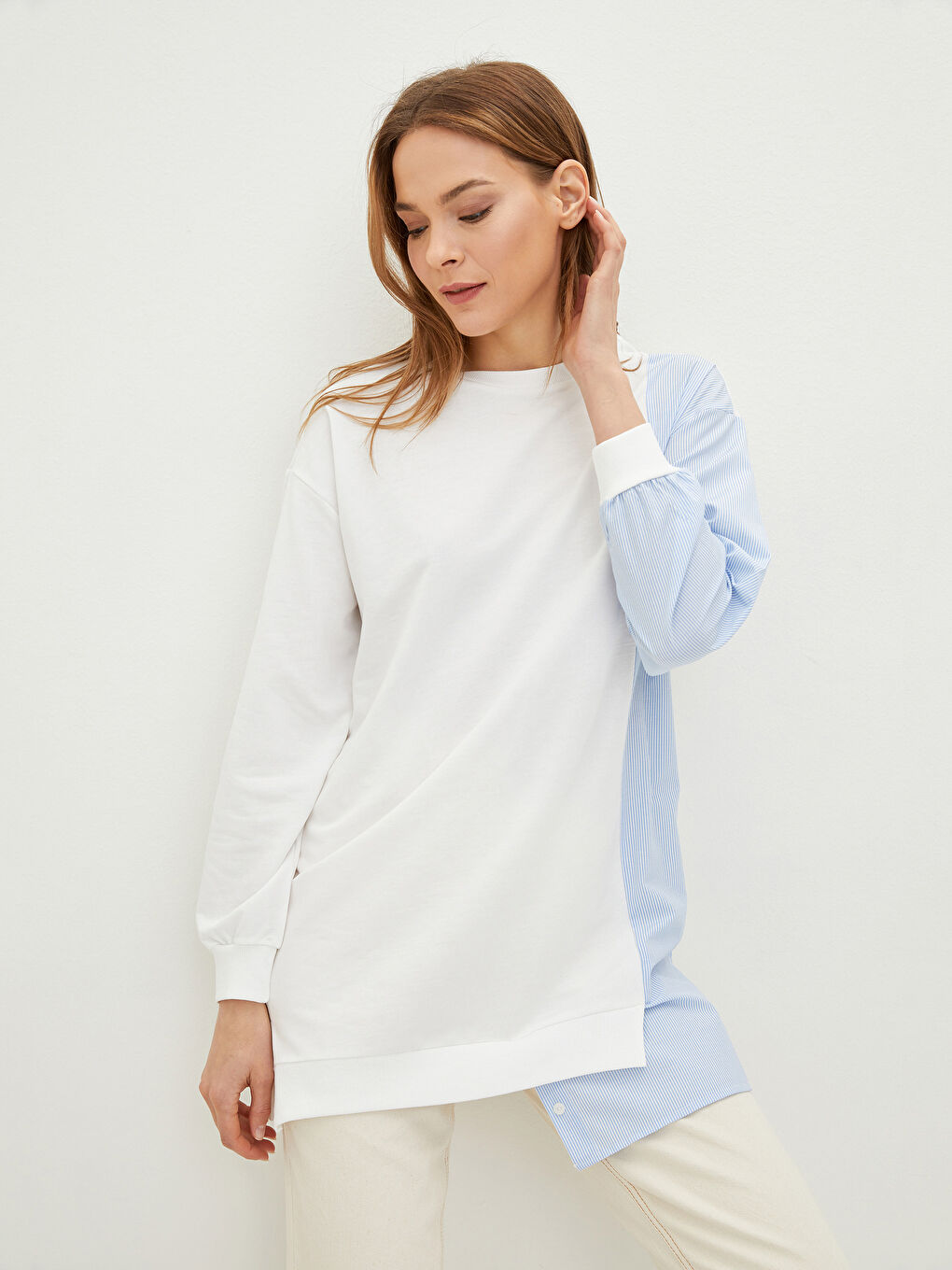 Ekru Bisiklet Yaka Çizgili Uzun Kollu Kadın Sweatshirt Tunik