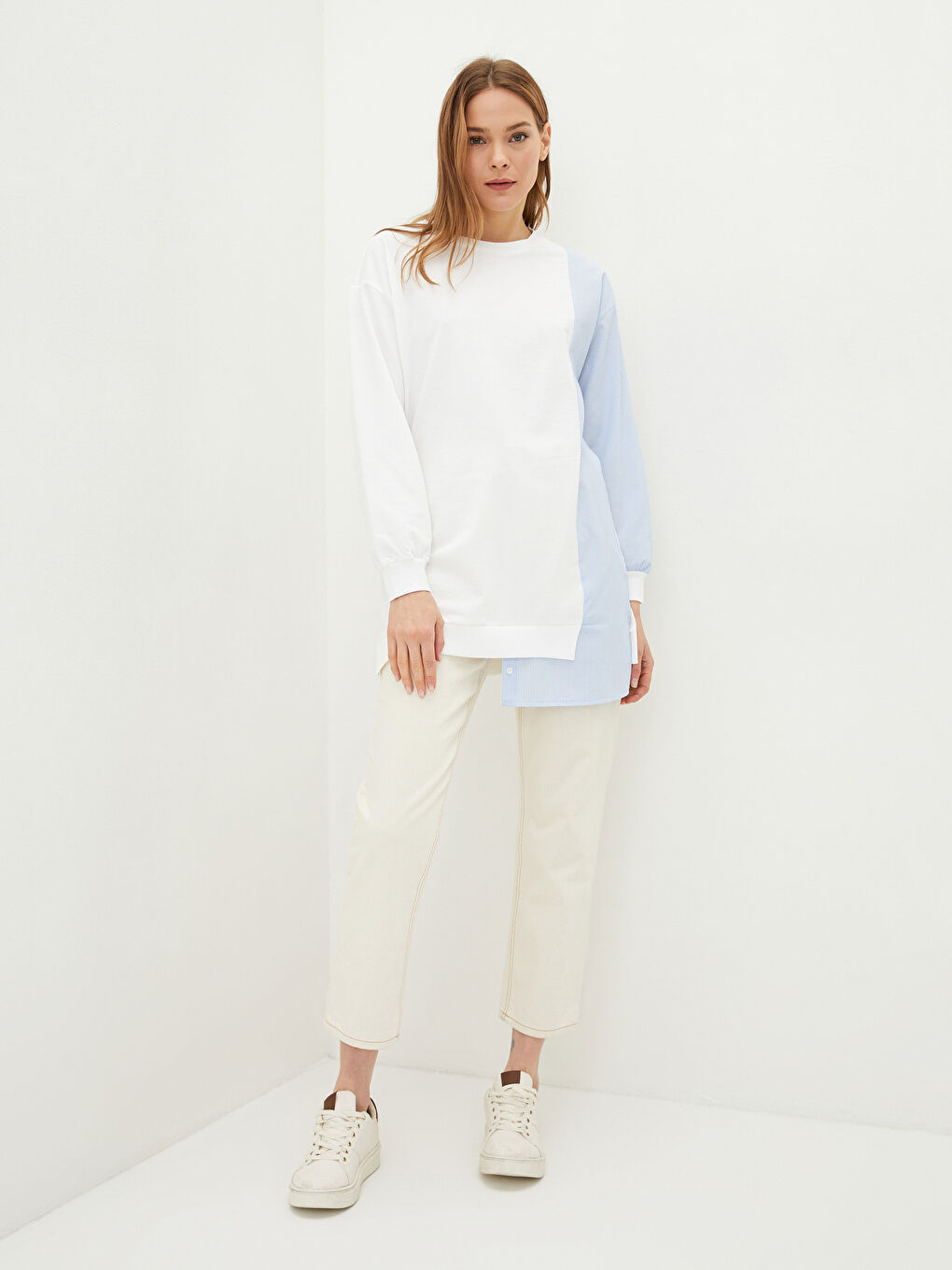 Ekru Bisiklet Yaka Çizgili Uzun Kollu Kadın Sweatshirt Tunik-1