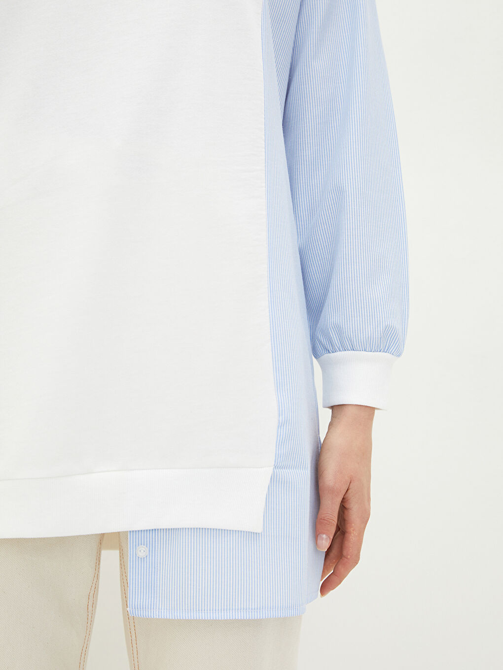 Ekru Bisiklet Yaka Çizgili Uzun Kollu Kadın Sweatshirt Tunik-2