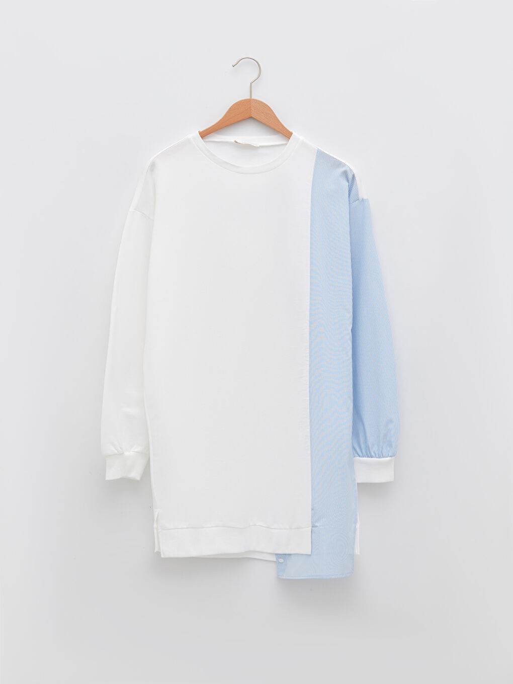 Ekru Bisiklet Yaka Çizgili Uzun Kollu Kadın Sweatshirt Tunik-4