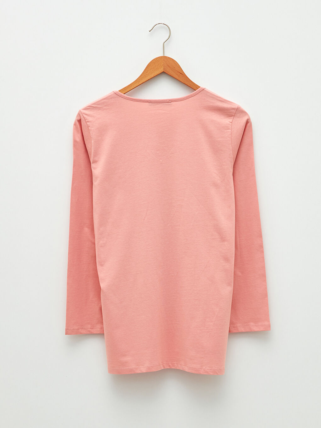 Pembe V Yaka Baskılı Uzun Kollu Pamuklu Kadın Tişört-1