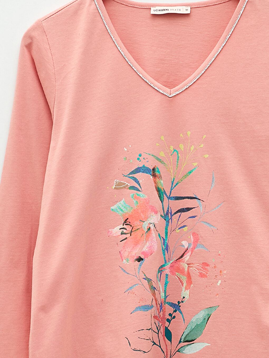 Pembe V Yaka Baskılı Uzun Kollu Pamuklu Kadın Tişört-2