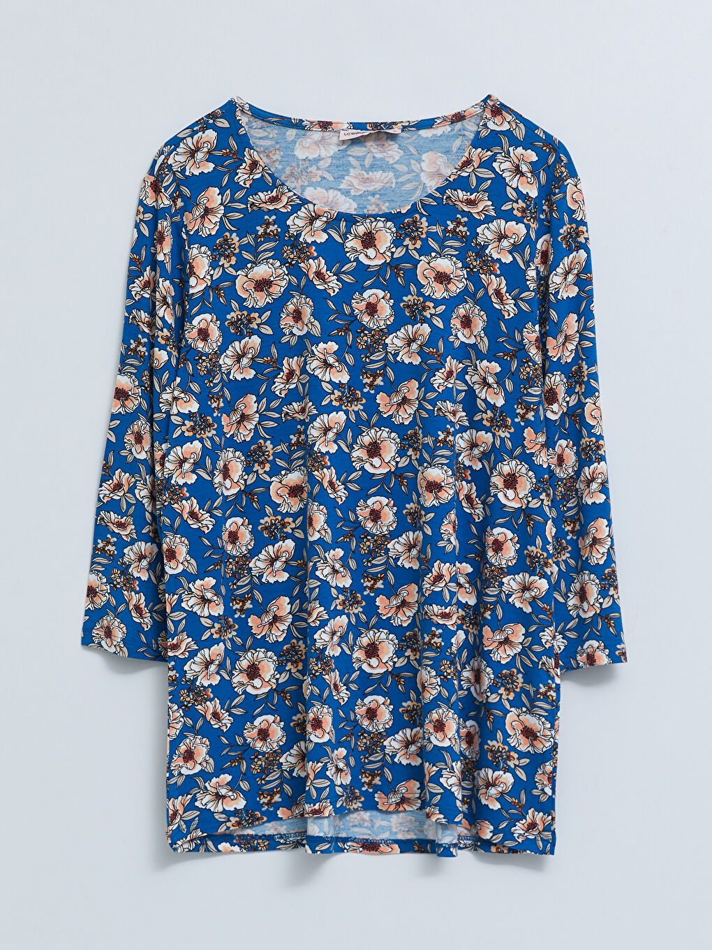 Mavi Bisiklet Yaka Çiçekli Uzun Kollu Kadın Tişört