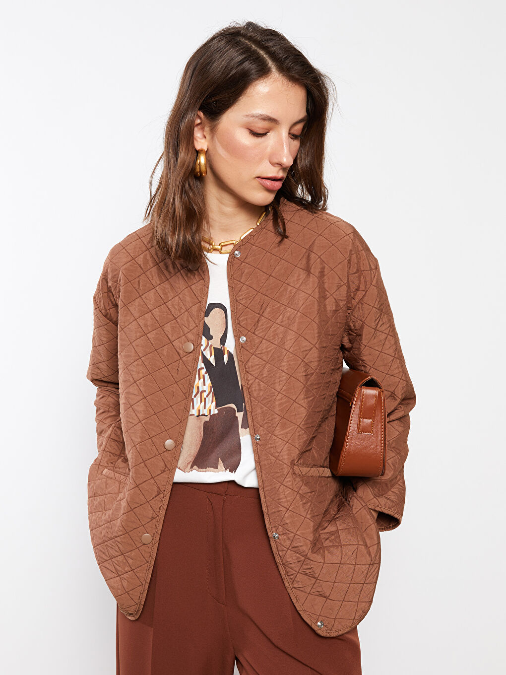 Palton pentru Femei cu Guler Rotund, Model Matlasat, Mânecă Lungă-3