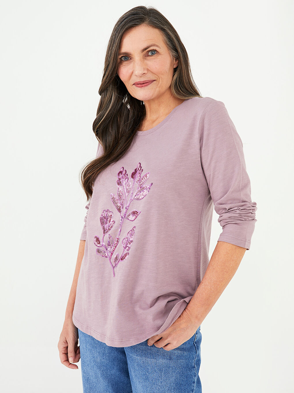 Lila Bisiklet Yaka Payet Nakışlı Uzun Kollu Kadın Tişört
