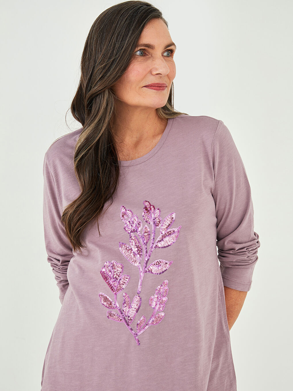 Lila Bisiklet Yaka Payet Nakışlı Uzun Kollu Kadın Tişört-1