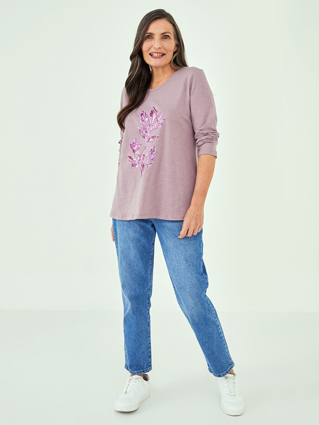 Lila Bisiklet Yaka Payet Nakışlı Uzun Kollu Kadın Tişört-2